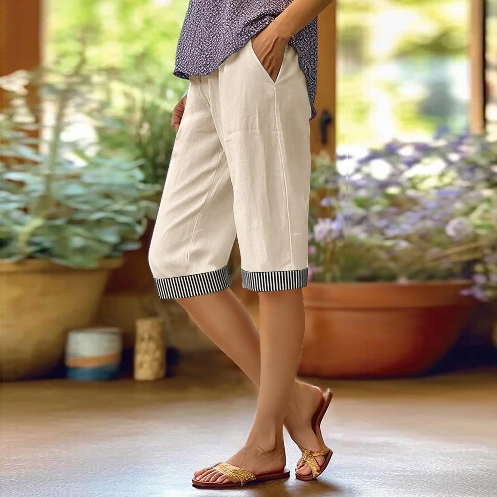 

Women s Summer High-Waisted Cotton-Linen Relaxed-Fit Striped Pants With Back Pockets L бежевый