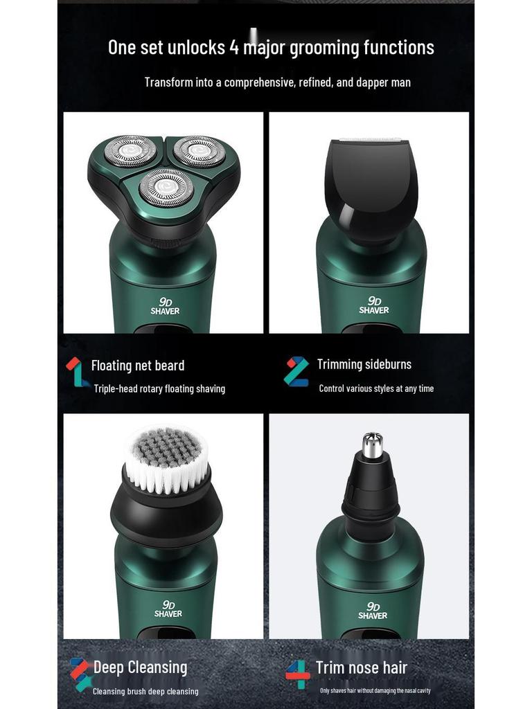 9D High-Power Electric Shaver with Digital Display, USB Charging, Washable Design, Floating Razor & Multifunctional Beard Trimmer