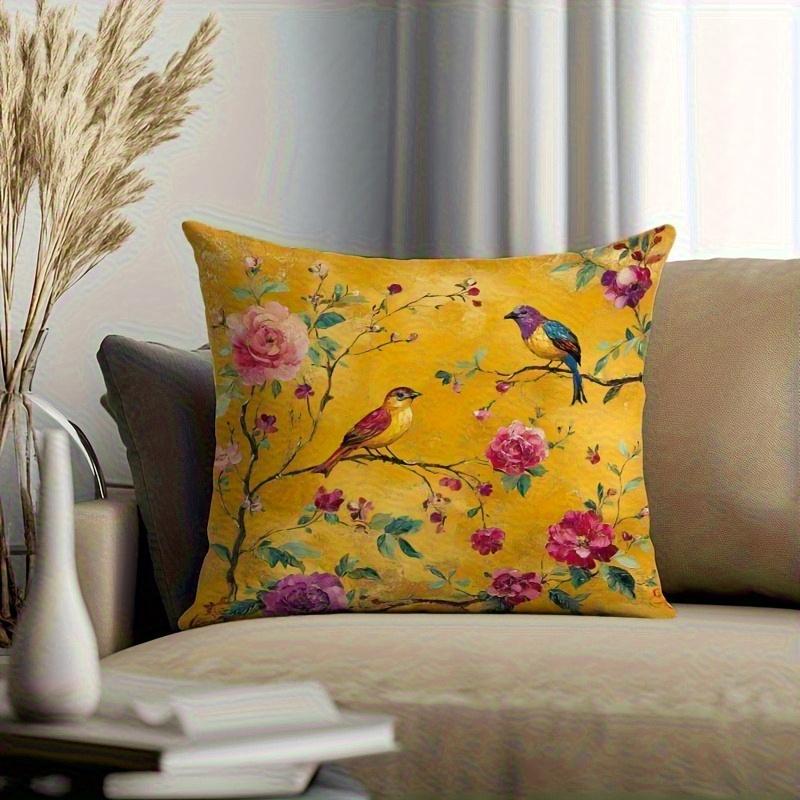 1Pc Bright Yellow Background Bird & Flower Oil Painting Themed Printed Throw Pillow Cover, Suitable For Sofa,Bedroom,Living Room