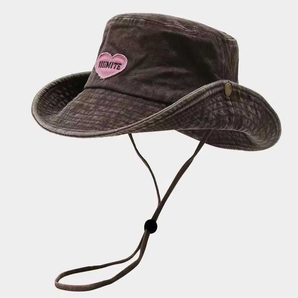 Japanese Retro Washed Cowboy Hats for Women Spring Summer Outdoor Camping Sun Protection Sweet Pink Love Bucket Caps