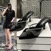 Spring and Autumn New Fashion Pointed Pleated Rhinestone Thin Heel Half Slippers Women Wear Satin High Heels