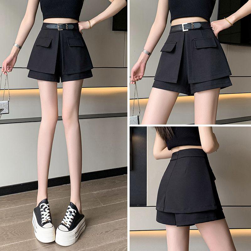 Women's 2026 Spring/Summer High-Waist Black A-Line Wide-Leg Cargo Shorts Skirt