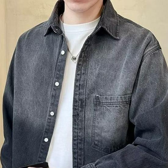 2025 Men's Gradient Denim Jacket - Loose Bad Boy Style in Black & Grey for Spring/Autumn