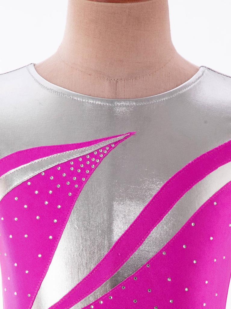 Girls Dance Leotard Sleeveless Round Neckline Patchwork Design Shiny Rhinestones V Front Waistband Shorts