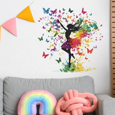 Bunte Blume Schmetterling Mädchen Wandaufkleber Kreatives Künstlerisches Design für Mädchenschlafzimmer, Kinderzimmer, Wohnzimmer und Kinderzimmer Wanddekoration