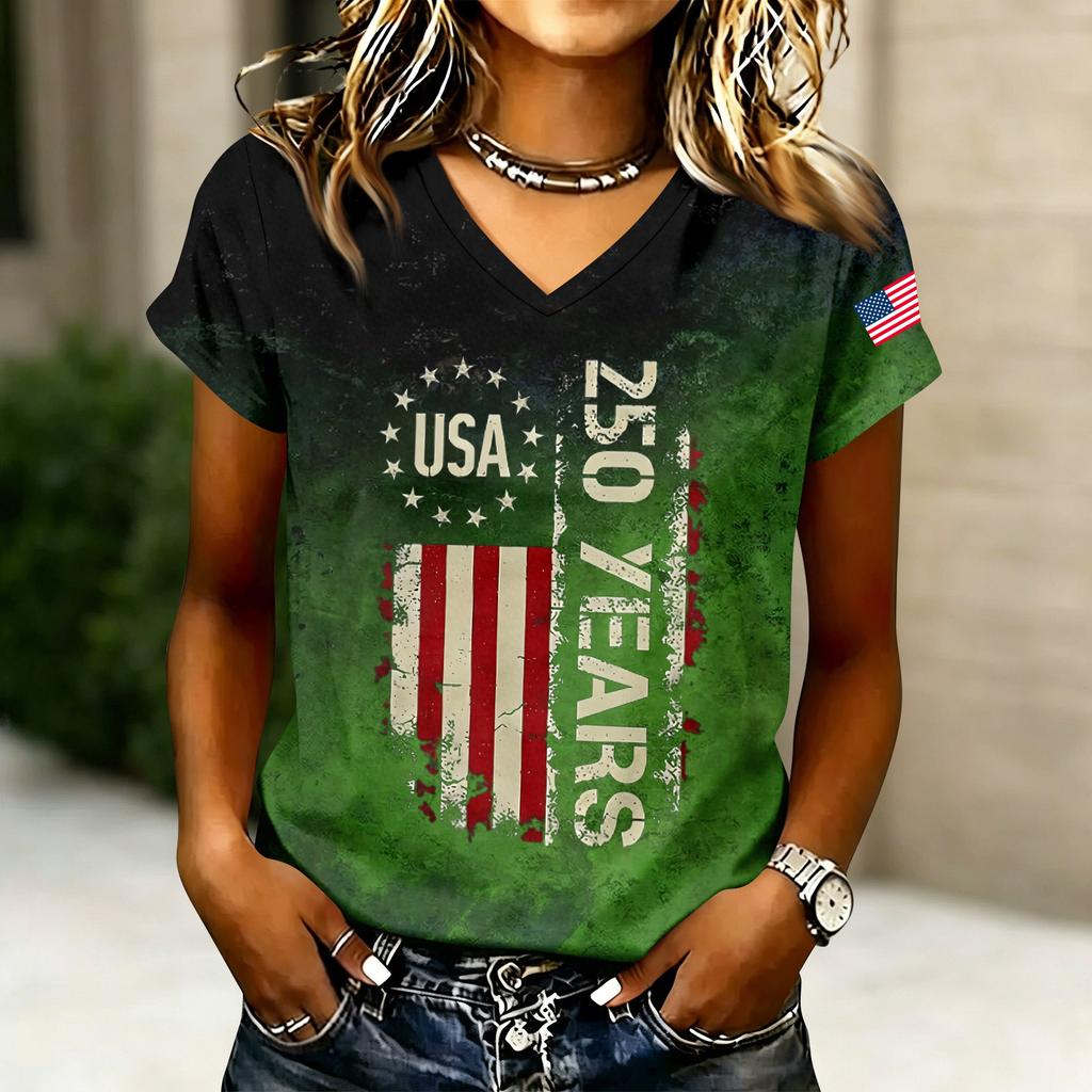 Women’s V Neck Short Sleeve Casual Letter Print T Shirt Top with USA 250 Years Graphic for Everyday Wear