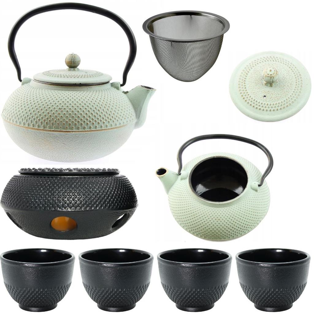 CAST IRON KETTLE 1.5L TEA POT WITH TEA INFUSER + 4x CUPS WARMER
