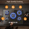 5-Burner 70cm Glass Gas Cooktop Built-In or Freestanding with Automatic Flame Protection for Natural Gas or Propane