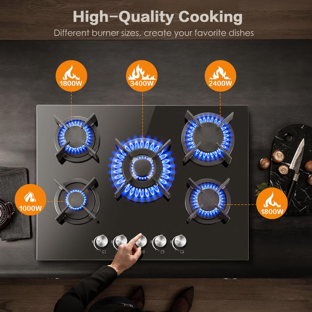 5-Burner 70cm Glass Gas Cooktop Built-In or Freestanding with Automatic Flame Protection for Natural Gas or Propane