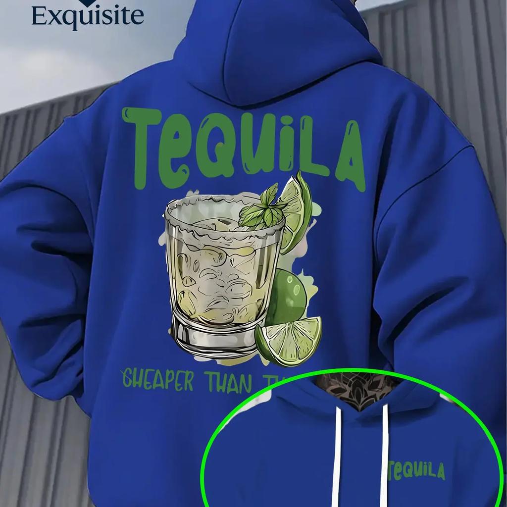 Men's Hooded Sweatshirt with Tequila and Lime Cocktail Print for Autumn/winter, Comfortable and Loose-fitting, Urban Style.