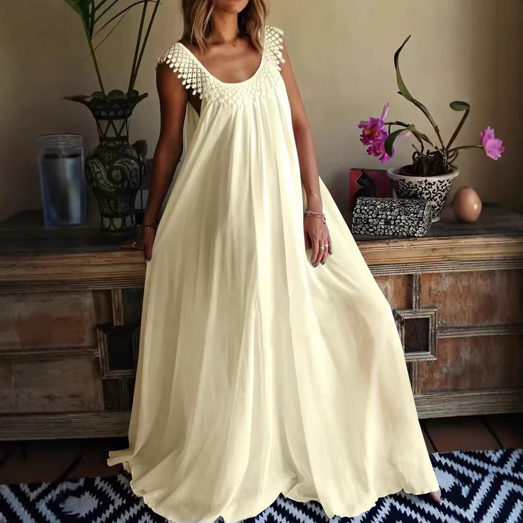 Vestido de Moda de Verano para Mujer Elegante de Cuello Redondo Grande sin Mangas Largo Oversize con Encaje