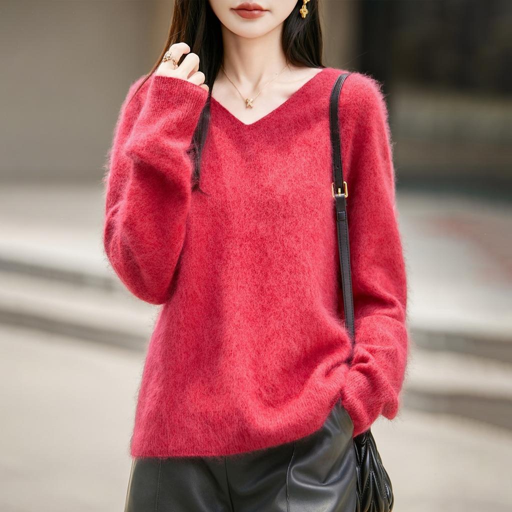 Seamless Brushed Knitted Wool Sweater for Women with V-neck, Loose Fit, Long-sleeved Top