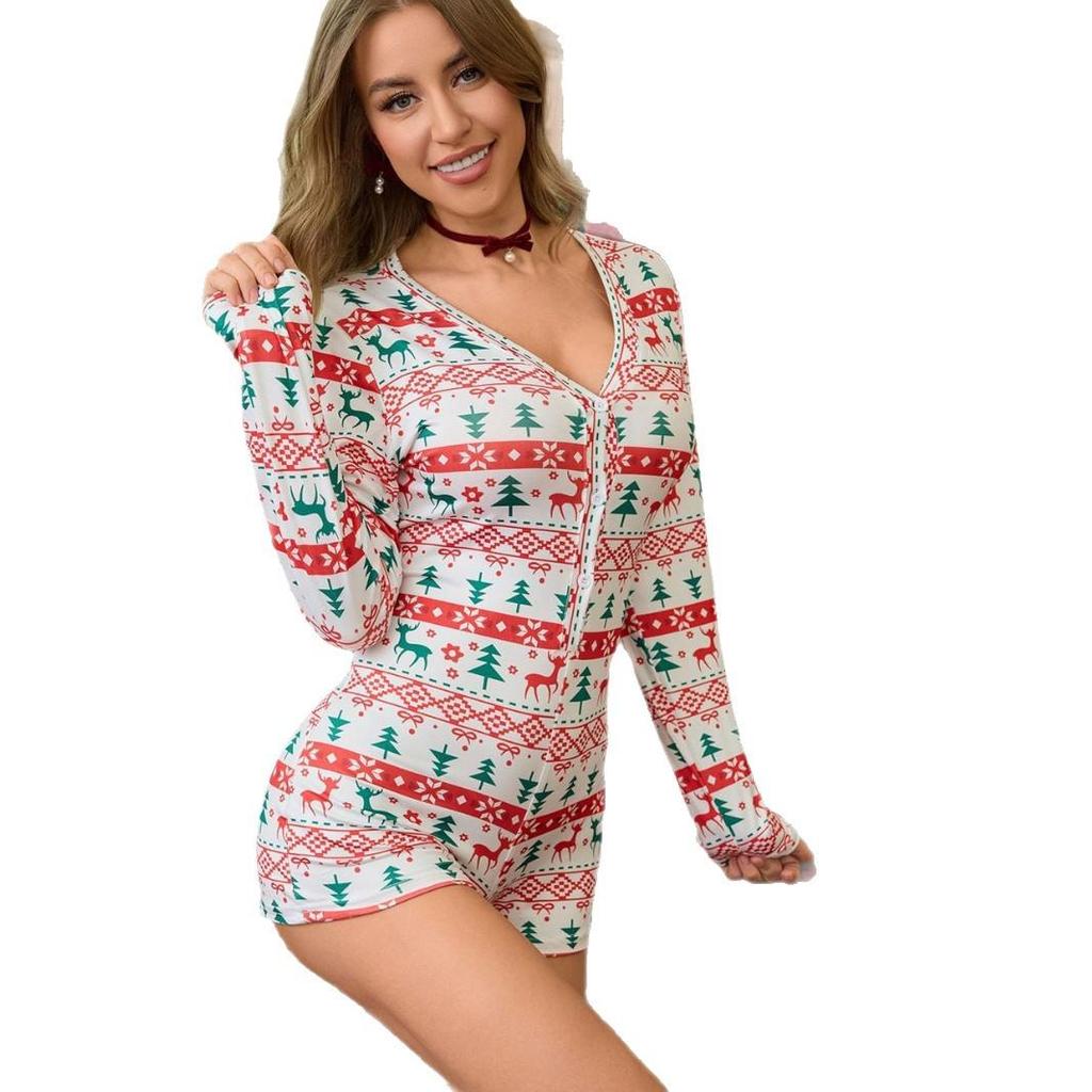 Ensemble de Pyjama Combinaison Cardigan Sexy Slim Fit pour Femme Style Européen et Américain - Manches Longues Short pour Noël et le Nouvel An
