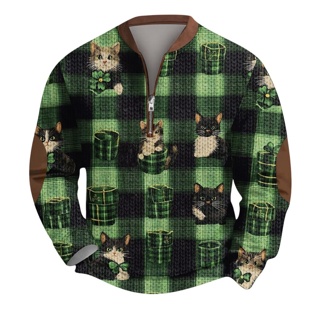 Mens Christmas Sweater Zip Up Sweatshirts Vintage Knit Graphic Sweatshirt St. Patrick's Day Stand Collar Pullover
