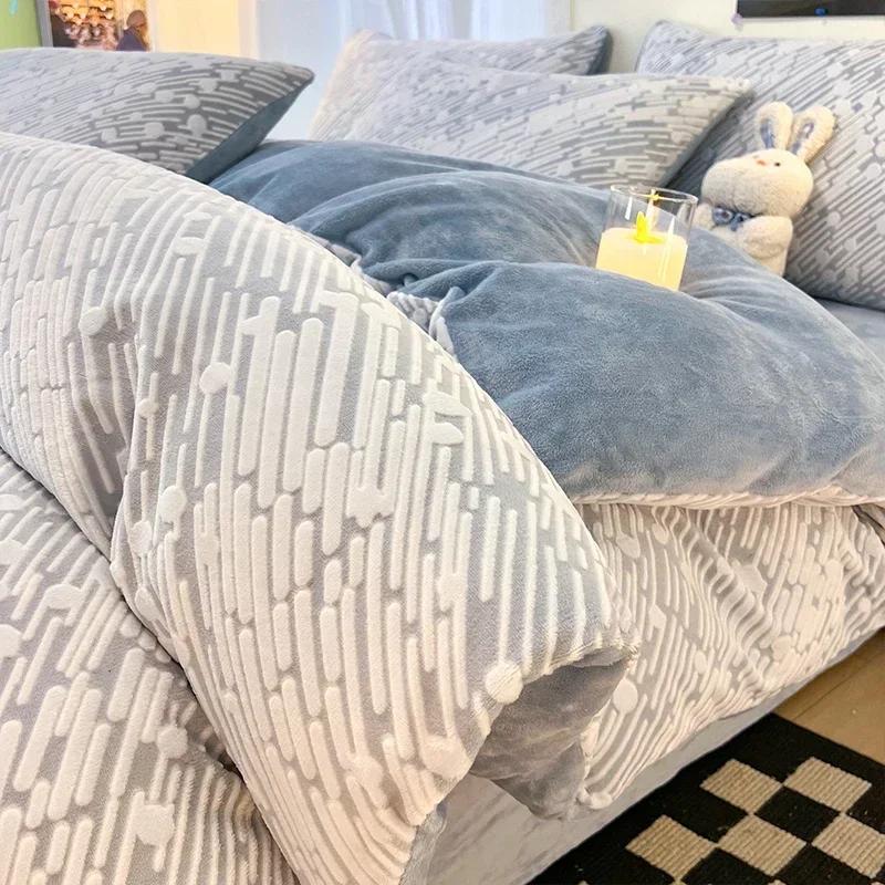 Winter Dickes Bedrucktes Milchsamt Vier-Teile-Set Bequem und Warm Kurzplüsch-Bettbezug 3-teiliges Set Kinderbettlaken