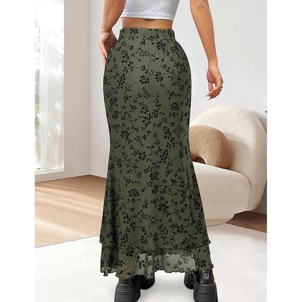

Women Maxi Skirt Ditsy Floral Mesh Skirt Summer Flowy Boho Elastic High Waisted Long Skirts Fashion Trendy 2XL