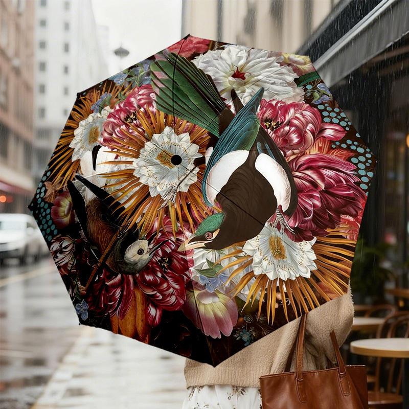 1pc Floral Birds Automatic Folding Umbrella, Heavy Duty 8 Rib Iron Frame,  Suitable for Travel, Daily Use, Birthday, Decor Gift M0104037
