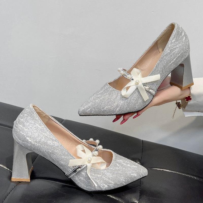 

Autumn Not Tired Feet Mary Jane Shoes Chinese Pointed Toe Pearl Bow Temperament High Heeled Single Shoes 35