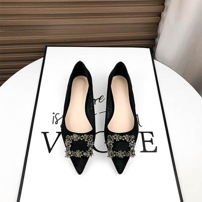 - Chaussures plates femme été velours noir professionnelles pointues tempérament strass daim chaussures simples professionnelles polyvalentes semelle souple
