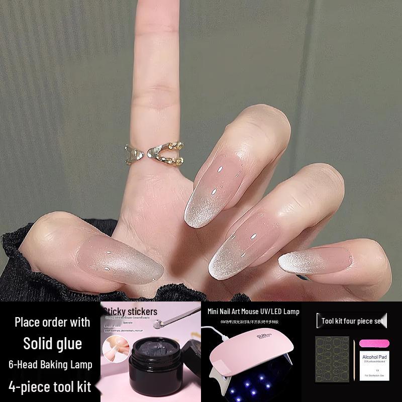 High-End UV Gel Cat Eye Press-On Nails Set – Clear, Self-Adhesive & Solid with Stickers