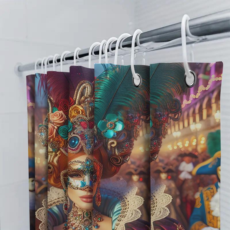 Vivid Carnival Mask Printed Shower Curtains For Bathroom Decor Customizable Text Option (Blue-Green)