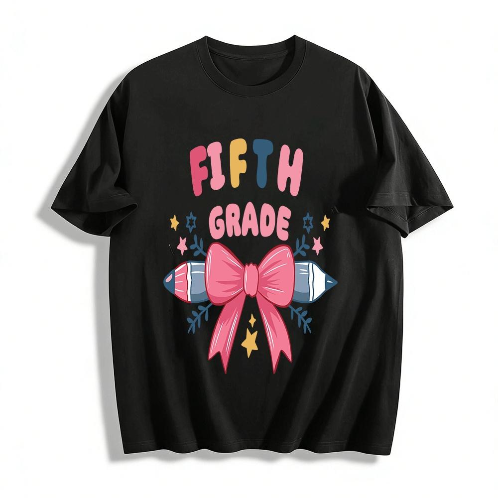 Fifth Grade Pencil Bow Print Kids Casual Top Pure cotton T-shirt XXS