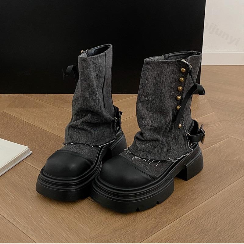 Women's Cowboy Boots Autumn Ankle Boots Rivet Decoration Block Heels Denim Boots Round Toe Comfortable Western Botines Mujer