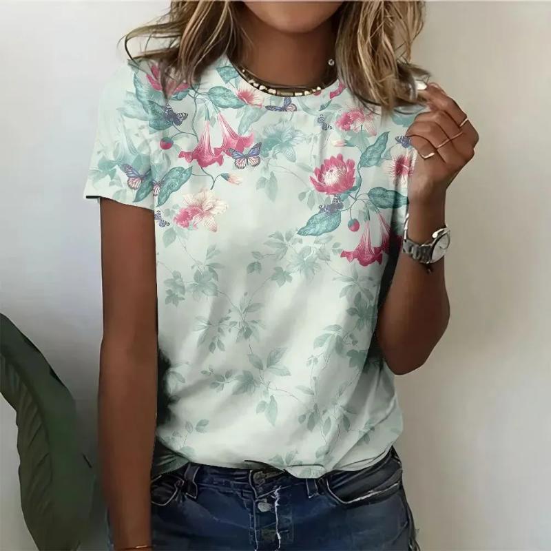 3D Flower Color Printed Crew Neck T-Shirt Flower Short Sleeve Fashion Women's Crew Neck Short Sleeve Tops Daily Wear