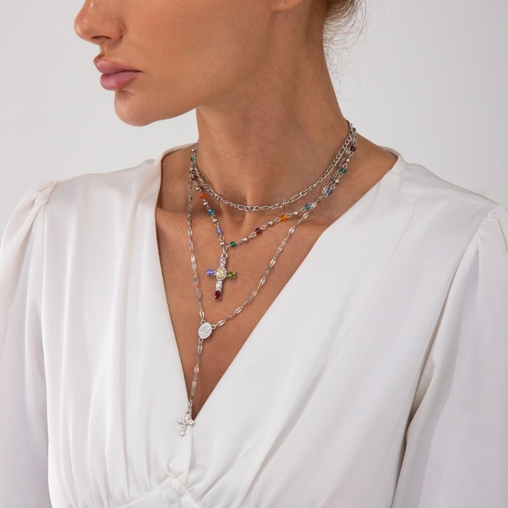 Layered Style Colorful Crystal Necklace Colorful Crystals Ins Style Necklace  Trendy Style
