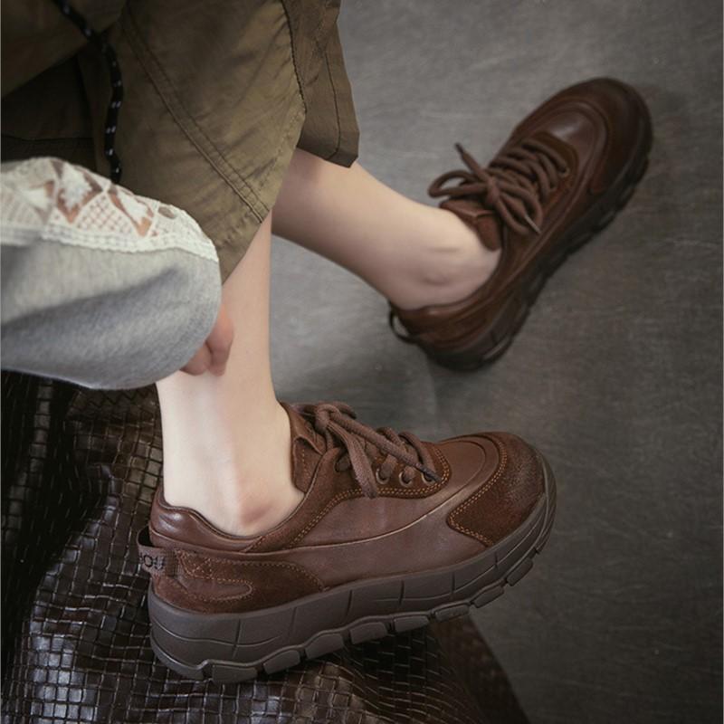 Johnature Genuine Leather Retro Thick Soled Shoes With Lace Up Commuting Versatile Women's Shoes
