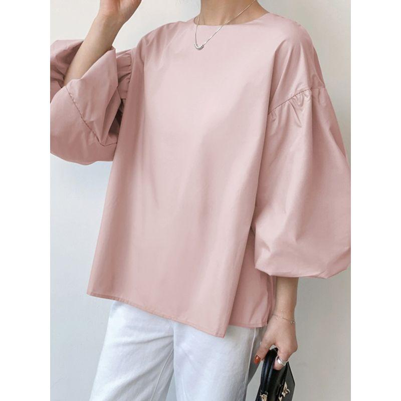 Sweet Summer K-style Fashion Solid Color round Neck Loose Cotton Lantern Sleeve Shoelace Half-Sleeve Shirt Tops Women