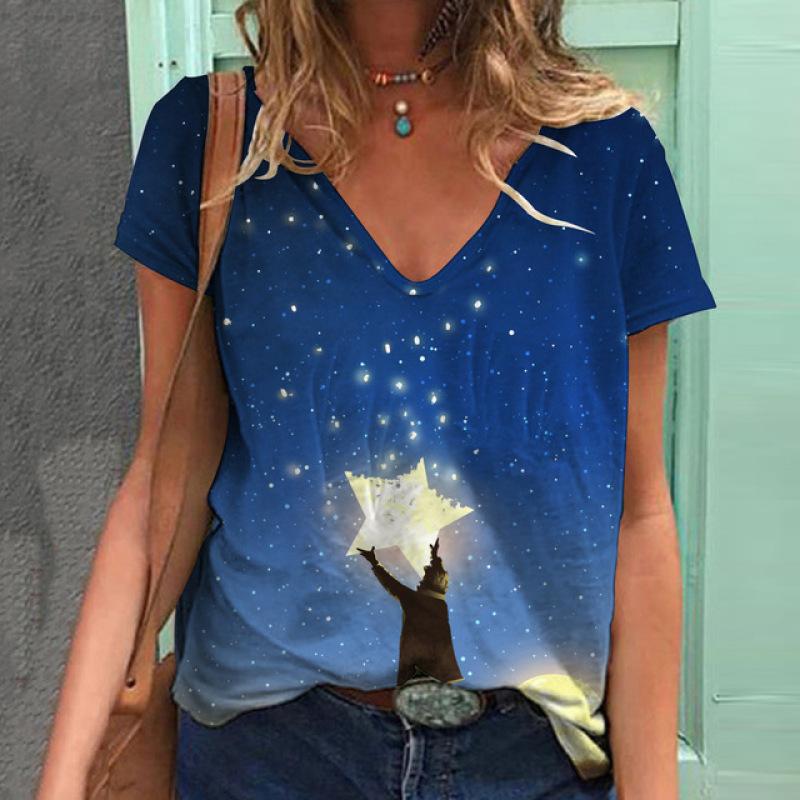 Летняя модная футболка женская контрастная строчка лунный свет цифровой 3D принт топы — фото 11