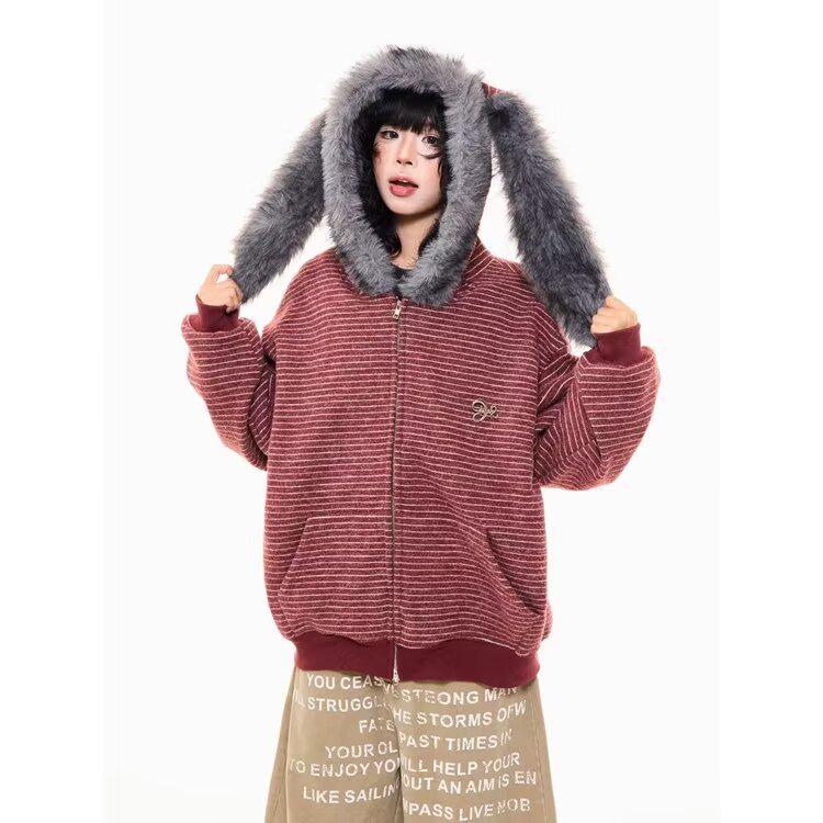 Koreanischer Stil Kapuzen-Kaninchenohr Plüsch Damen Strickware – Gestreift Unisex Lockerer Schnitt mit Herbst/Winter Samt.