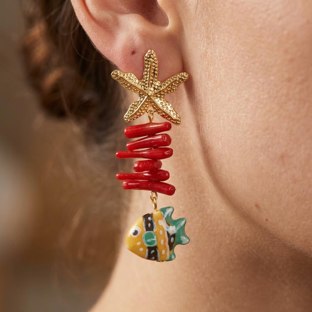 Boho Ocean Theme Cute Ceramic Fish Drop Earrings For Women Textured Starfish Red Coral Stacked Earring Beach Vacation Jewelry