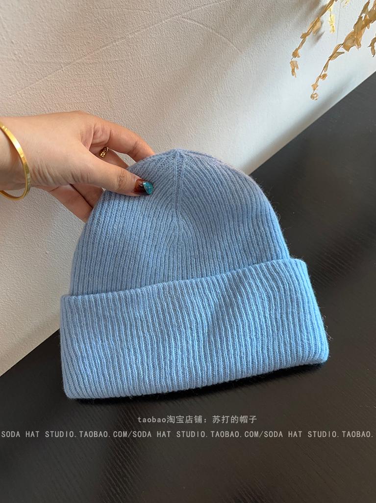 High-Quality 100% Pure Wool Winter'S Knitted Hat Women Solid Color Double-Layer Warm Soft Wollen Beanies Y2K Bonnet Skullies Cap