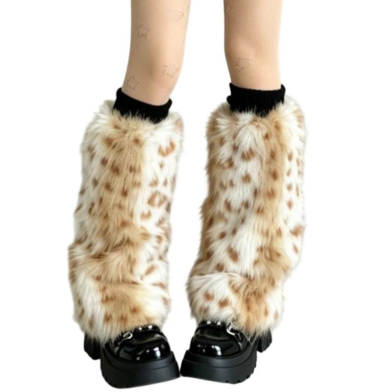 Plyšové návleky na nohy s leopardím vzorem z umělé kožešiny, navlékací konstrukce, elastické žebrované manžety a texturovaný volný vrstvený design pro ženy