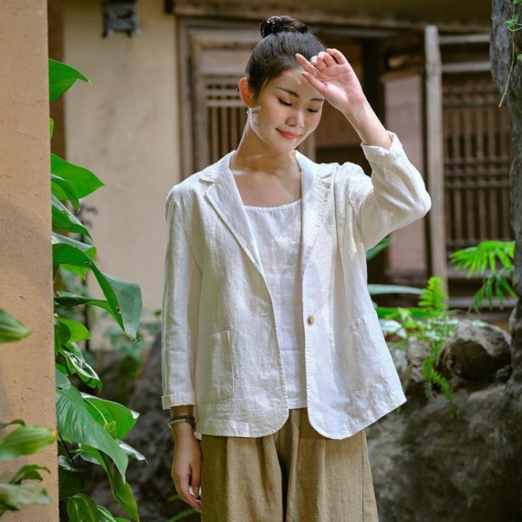 

Женское винтажное однотонное льняное пальто приталенного кроя с длинными рукавами и отложным воротником, весенняя верхняя одежда на одной пуговице Johnature One Size белый