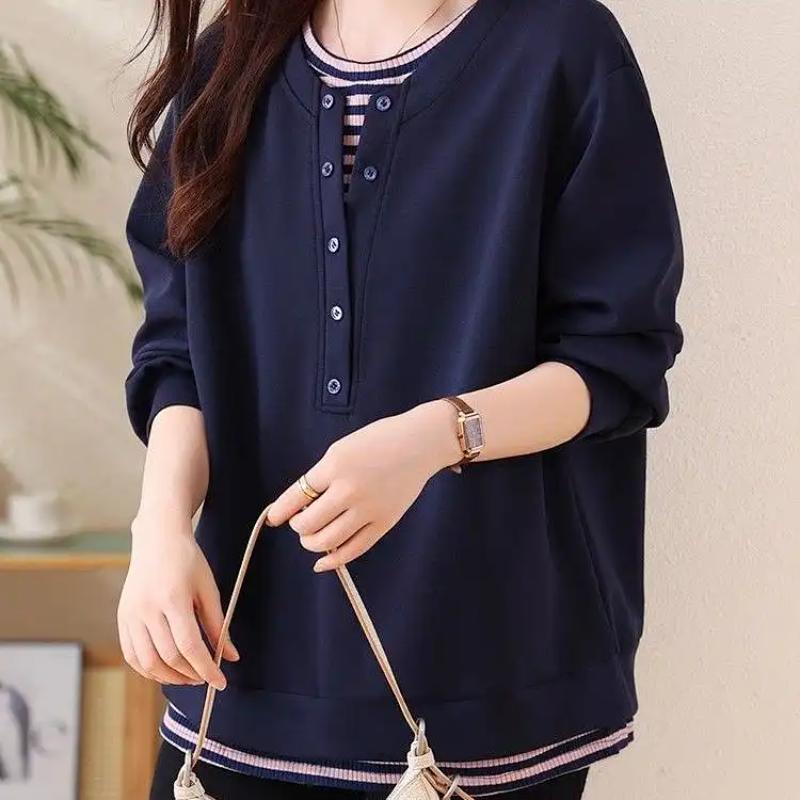 

Женский свободный повседневный топ с круглым вырезом, модный свитшот с длинными рукавами, имитация двух частей L темно-синий