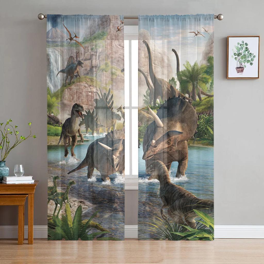 Animated Cartoon Dinosaur Character Soft Tulle Curtains for Living Room Printed Design Transparent Transparent Fabric Curtain Bedroom Window