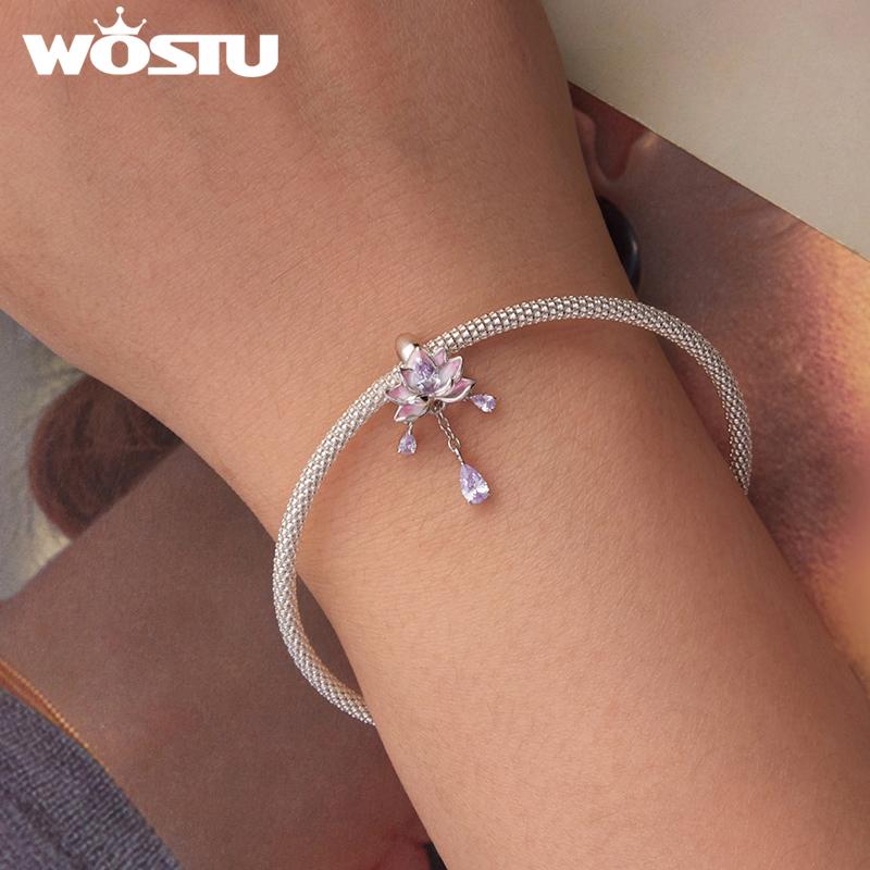 WOSTU 925 Sterling Silver Pink Lotus Flower Charms Purple Crystal tassels Pendant Moon bead Fit Bangle Neckalce DIY Make Gift
