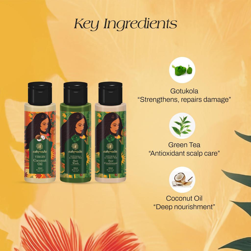 Ashpveda Champa Gift Box | Green Tea & Gotukola Hair Care Kit - Hair Wash, Conditioner & Virgin Coconut Oil - Travel Size Pack