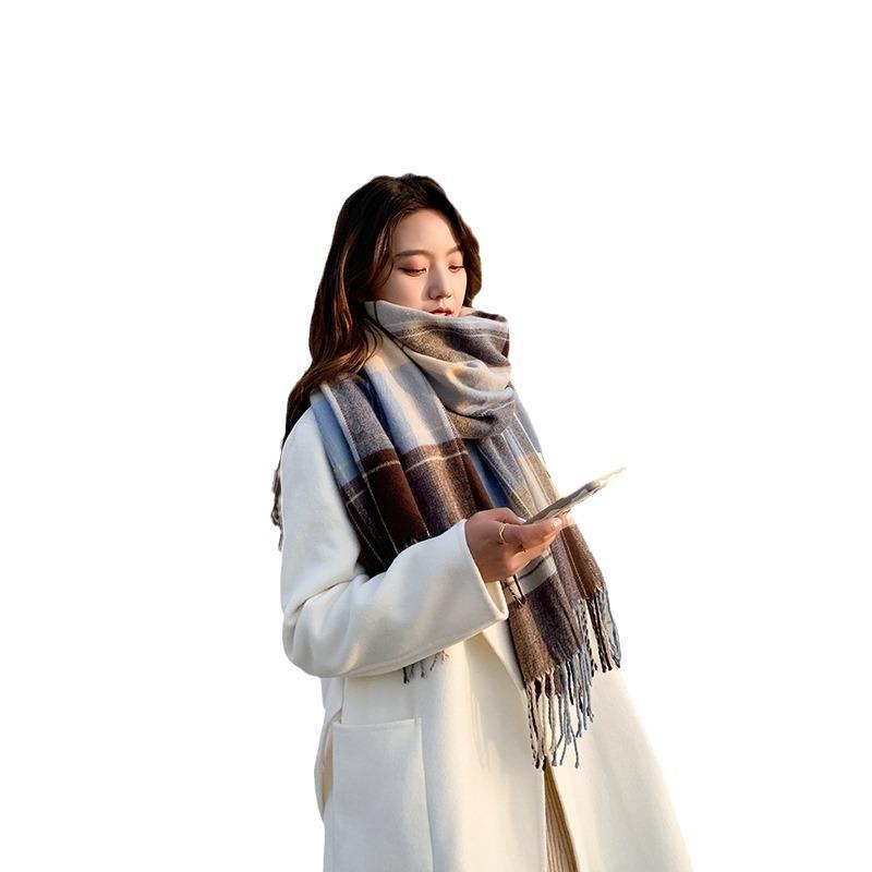 Plaid scarf women's autumn and winter versatile imitation cashmere thickened warm fringed scarf shawl
