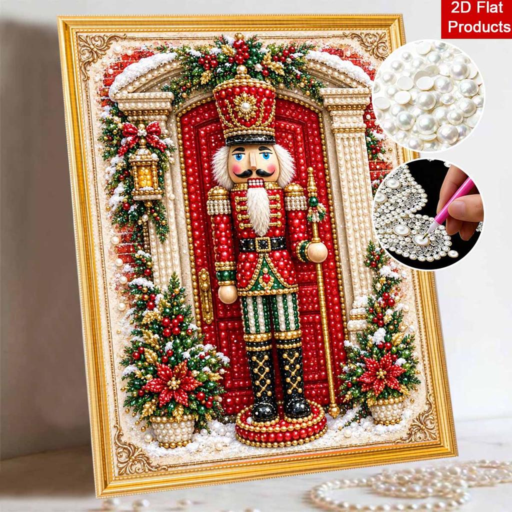 Christmas Nutcracker Pearl Painting with Frame 3D Sparkling Canvas Art Relaxing Craft for Bedroom Wall Decor Gift and Holiday Home Decoration