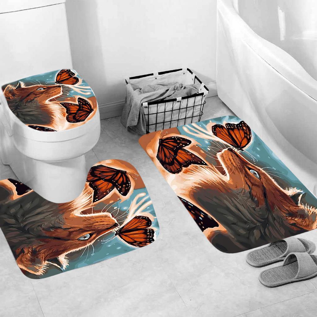 4Pcs Blue Tone Background Cat Butterfly Pattern Shower Curtain Set Bathroom Curtain, Bathroom Decor Shower Curtain, Floor Mat