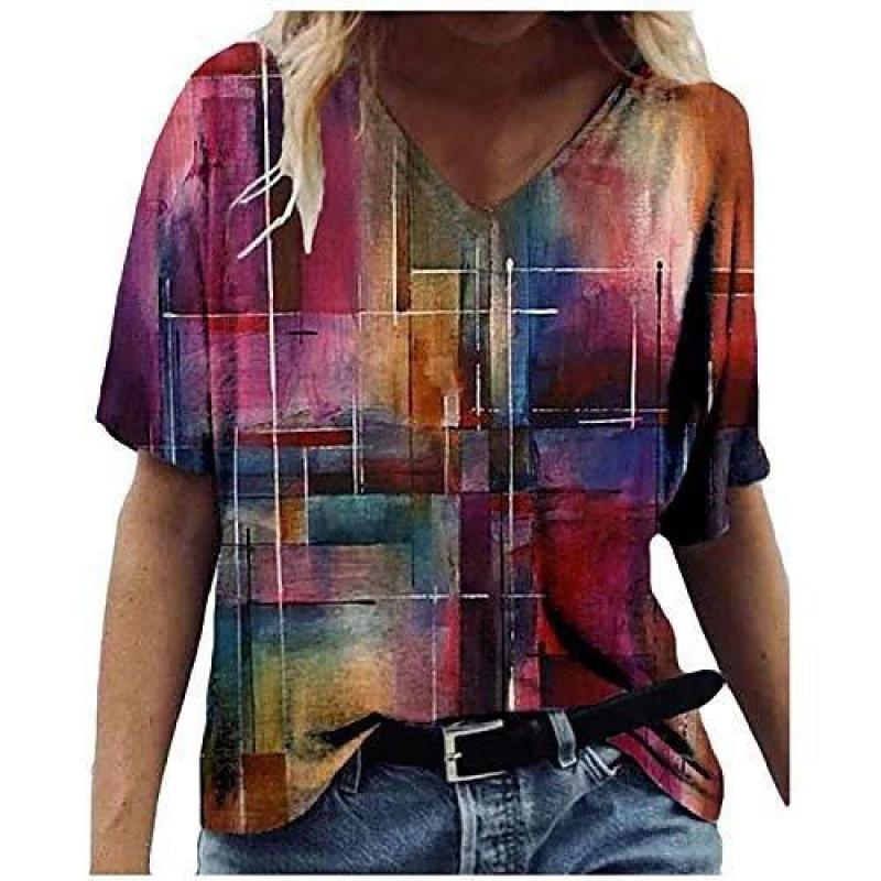 Summer V-neck 3D Flower Butterfly Printed Top Fashionable Casual Short Sleeved Women's T-shirts