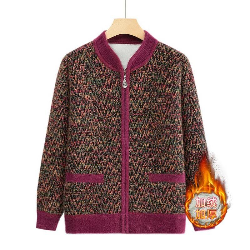 Women's Autumn and Winter Knitted Jacket Mink Fleece Thickened Wool Zipper Cardigan Top