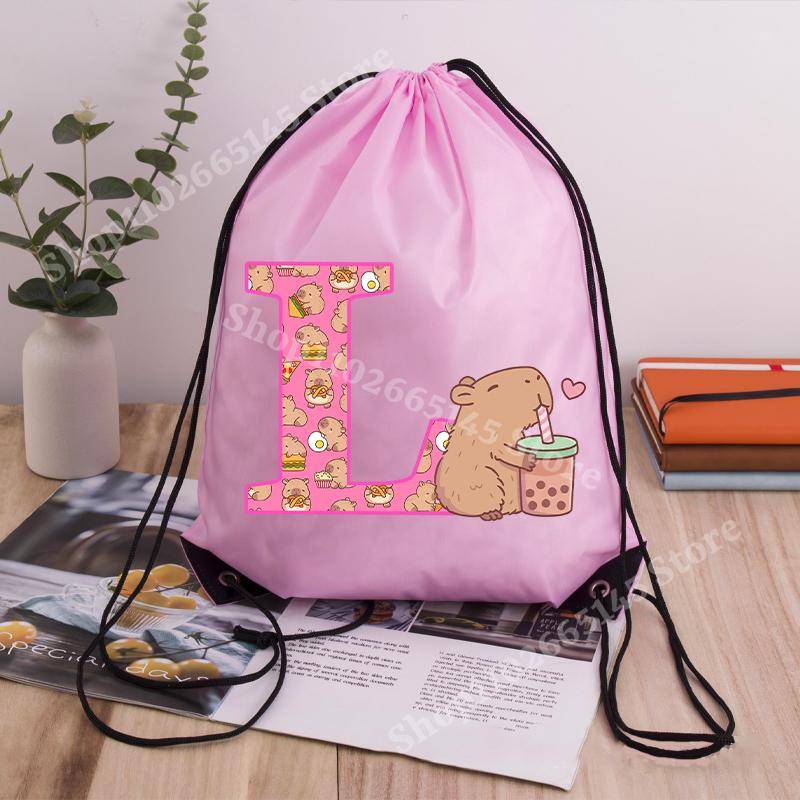 Capibara Girls Drawstring Backpack Cute Capybara Letter A-Z Storage Bag Kids Outdoor Sport Travel Rucksack Children Gifts