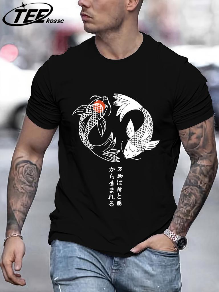 Two Koi Fish Swimming In WatertShirts Men Cotton Casual T Shirt Breathable Crewneck Short Sleeve Unisex Summer Fashion Clothing