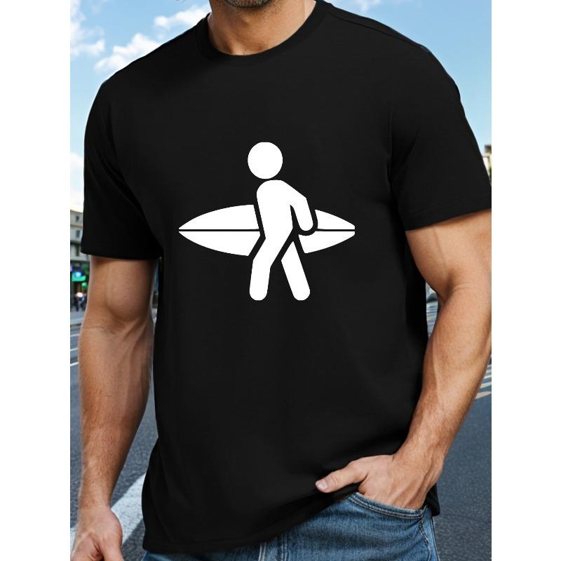 Surfing Themed Graphic Print Crew Neck Short Sleeve T-shirt For Men, Casual Summer T-Shirt For Daily Wear And Vacation Resorts