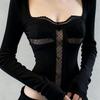 Autumn Winter Retro Black Square Neck Lace Patchwork Long Sleeve Women's Top